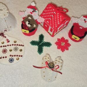 Vintage Lot of 10 Christmas Ornaments Plastic Canvas Yarn Needlepoint Handmade